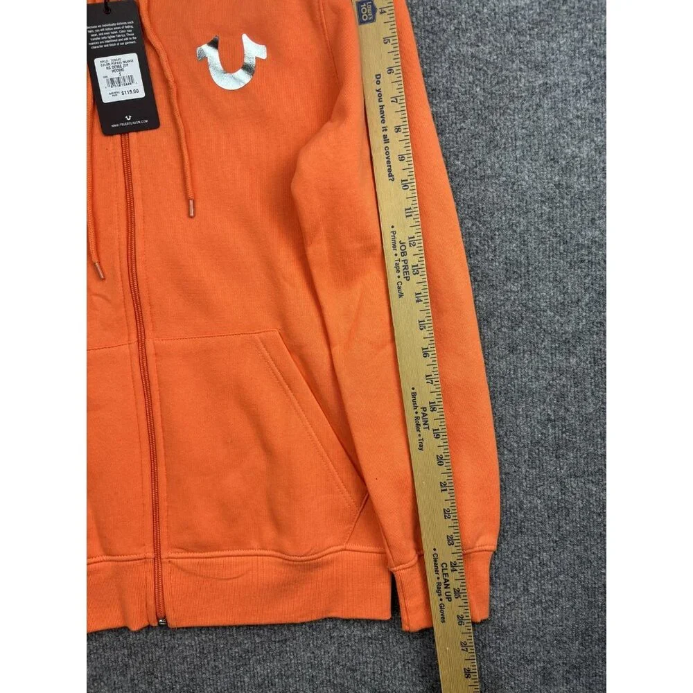 True Religion Hoodie Mens Small Orange Full Zip Fleece Sweatshirt Buddha Graphic